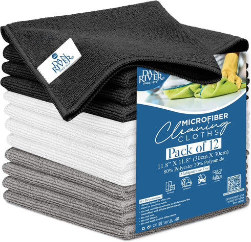 DAN RIVER Microfiber Cleaning Cloth-12 Pack Economy Bundle -Soft, Absorbent Cleaning Rag - Microfiber Towels for Cars, Glasses, House, Windows, Ki...