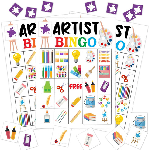 Artist Party Bingo Game, 24 Player Art Bingo Cards Set for Family Friend Activity, Painting Party Favor Decoration Holiday Supplies -a03...