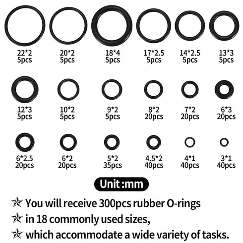 300 Pcs Rubber O-Rings Assortment Kit, 18 Sizes Nitrile Rubber O Rings Sealing Kits, for Plumbing, Faucet Tap, Automotive Repair, Mechanic, Air or...