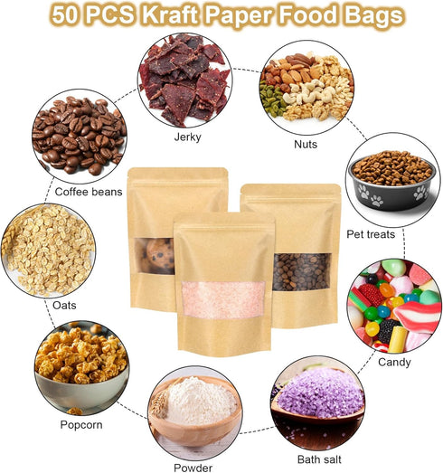 Blisstime Stand Up Pouches, 50 Pack Kraft Paper Bags with Matte Window and Tear Notch Resealable Bags for Small Business Home Use (5.5 X 7.9 Inche...