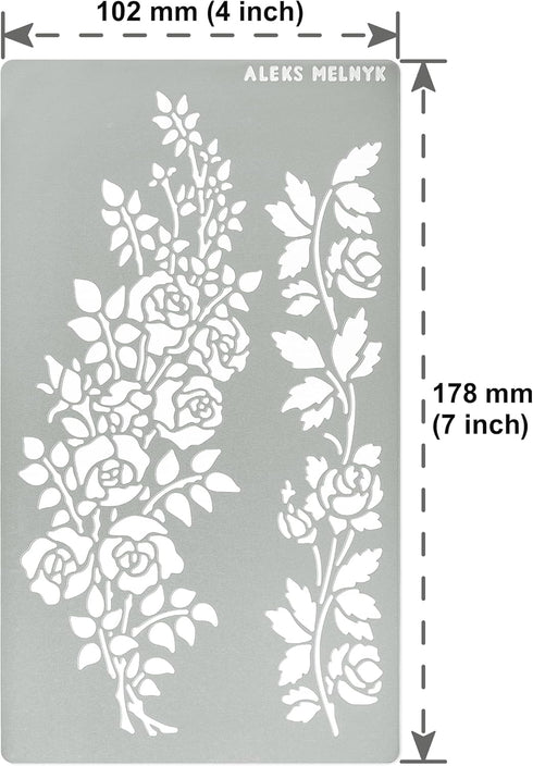 Aleks Melnyk No.269 Metal Stencil, Rose Flower Branch, Rose Vine, Swirls, Leaf Blossom, Small Stencil, 1 PC, Template for Wood Burning, Engraving,...