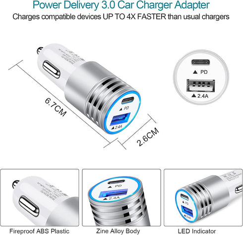 USB C Car Charger Fast Charging C Cord for Samsung Galaxy S24 S23 A15 A14 A25 S22 S21 Ultra/S21+/S20 FE/Note 20 S10e S9 A01 A71 A72 A52 A32,iPhone...
