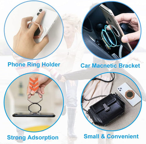 Cellphone Ring Holder Finger Kickstand, Foldable 360° Rotation Cell Phone Stand for Desk, Magnetic Car Mount, Metal Multi-Angle for Phone Back Gri...