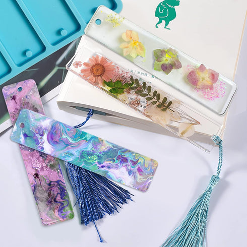 Szecl Bookmark Mold with Tassels, Rectangle Bookmark Silicone Mold for Epoxy Resin Casting 3.90 inch Resin Bookmark Mold Kit with 10 Pcs Colorful ...