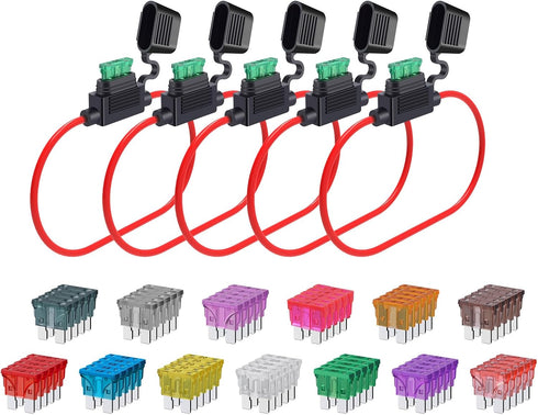 12 Gauge Fuse Holder ATC/ATO, SIM&NAT 5 Packs in-Line Automotive Blade Fuse Holder with 65PCS Standard Car Fuses, 1A 2A 3A 4A 5A 7.5A 10A 15A 20A ...
