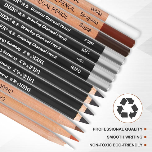 Geyoga 36 Pcs Professional Charcoal Pencils Extra soft, Soft, Medium, Hard, White, Brown for Drawing Charcoal Pencils Drawing Set Pastel Pencils A...
