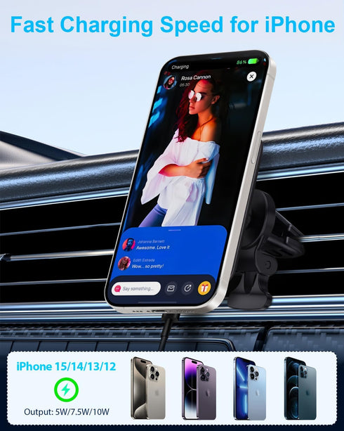 Magnetic Mag-Safe Wireless Car Charger - Qi2 Fast Charging iPhone Holder Air Vent Car Mount Accessories, Compatible iPhone 15/14/13/12 (No Cable)...