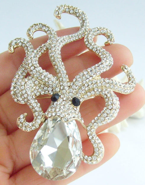 Sindary Unique 3.15" Austrian Crystal Octopus Brooch Pin Pendant BZ5097...