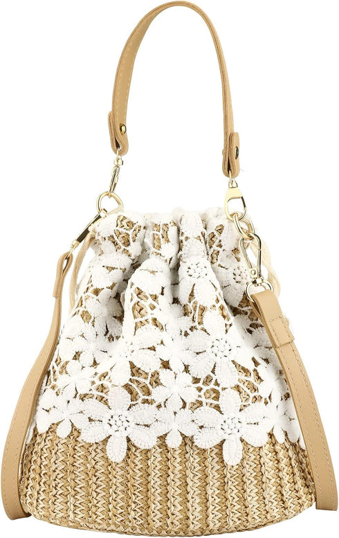 Bamboo Handbag, Beach Purse Bag Half Moon Bag, Straw Lace Woven Travel Sling Bag Shoulder Crossbody Bag for Women...