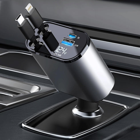 Retractable Car Charger, 4 in 1 Fast Charge Car Phone Charger Adapter 100W, Retractable Cables(2.6ft) for iPhone & Type-C, Cigarette Lighter Adapt...