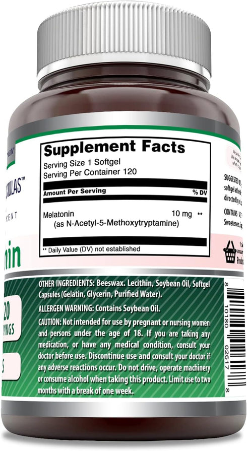Amazing Nutrition Melatonin Supplement | 10 Mg Per Serving | 120 Softgels | Non-GMO | Gluten Free | Made in USA...