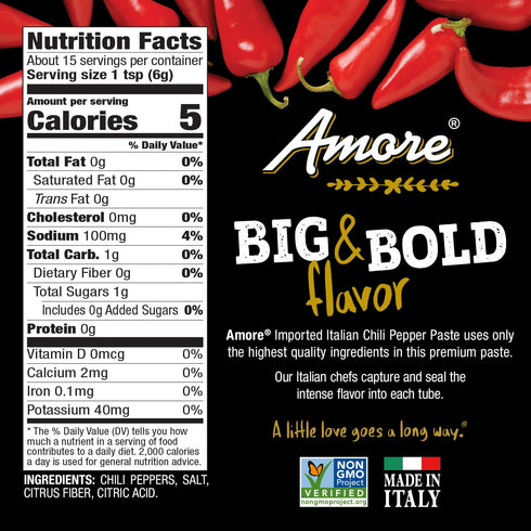 Amore Vegan Chili Pepper Paste In A Tube - Non GMO Certified and Made In Italy (Pack of 1)...