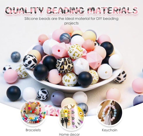 15mm Silicone Bead, Transfer Prints Leopard Silicone Beads & Cow Print Silicone Beads, 108 Silicone Beads for Keychain Making & DIY Jewelry Suppli...