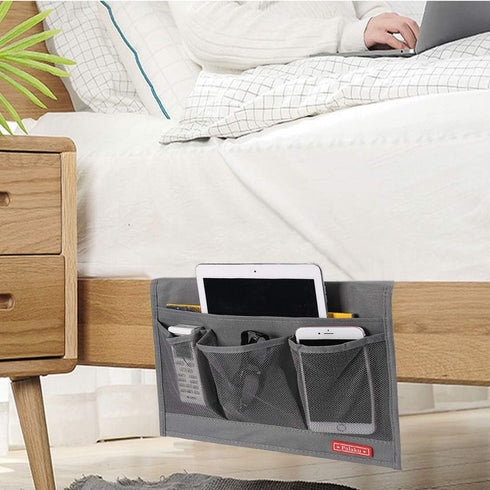 Bedside Caddy,Bedside Organizer Caddy Under Mattress,Holds Magazines,Books (4 Pockets-Grey)...