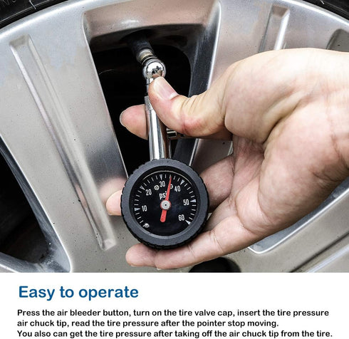 CZC AUTO Heavy Duty Tire Pressure Gauge, ANSI B40.1 Accurate Mechanical Air Gage, Chrome Plated Brass Stem Rotating Single Chuck Dial Wheel Pressu...