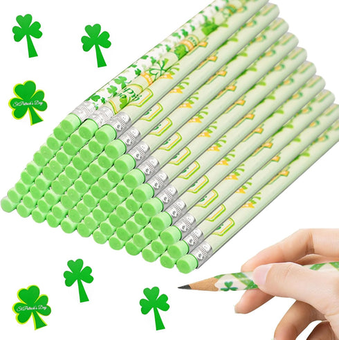 48 Pack St. Patrick's Day Themed Pencils, 12 Styles Green Shamrock and Leprechaun Design, Perfect for Party Favors, Classroom Rewards, and Irish F...