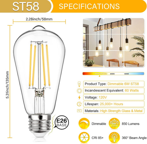 MAXvolador Vintage LED Edison Bulb Dimmable 60W Equivalent 850 Lumens, 6W Edison Light Bulbs 3000K, Antique ST58 LED Filament Bulb E26 Base, Pack ...