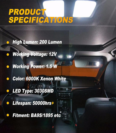 Serundo Auto BA9S Led Car Bulb BA9 1895 1891 53 57 Led Car Bulb, 2SMD 3030Chips 6000K White 47830 64111 3893 LED Car Bulb for Car Interior Dome Ma...