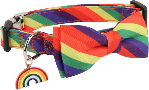 ADOGGYGO Rainbow Dog Collar with Bowtie, Adjustable Striped Dog Bow Collar, LGBT Pride Rainbow Collars for Small Medium Large Dogs Pets (Large, Ra...
