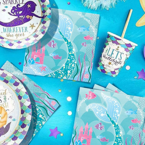 Mermaid Design Beverage Napkins (Pack of 16) - Enchanting Designs Perfect for Under-the-Sea Themed Parties & Celebrations...