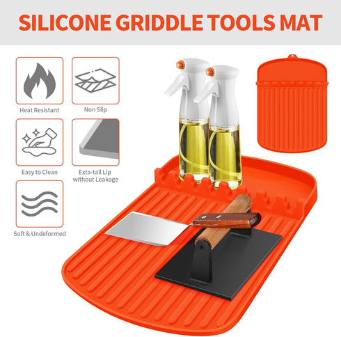 Silicone Griddle Tools Mat for Blackstone,16.9"x 11.8" Spatula Mat with Drip Pad,Heat-Resistant Grill BBQ Caddy Utensils Holder for Kitchen,Cookin...