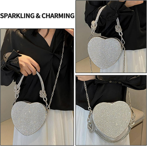 Evening Bag for Women, Silver Clutch Purse Heart Shaped Purse Crossbody Bag Shoulder Handbag Rhinestone Purse...