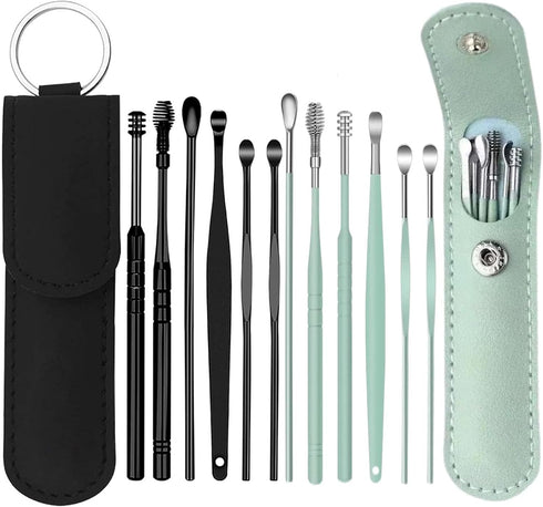 12 Pcs Ear Pick Earwax Removal Kit, Ear Wax Removal Tool, Stainless Steel Earwax Removal Tool with Leather Storage Box (Black+Green)...