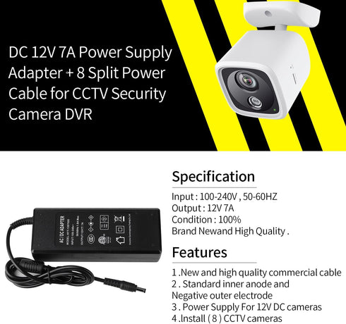 12V 7A CCTV Surveillance Video Power Supply Adapter + 1 to 8 Power Splitter & 110~240V AC 2.1mm Plug for Security Camera?LED Strip Light...