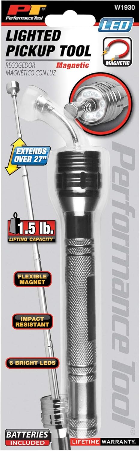 Performance Tool W1930 Telescoping Magnetic Flashlight with Flexible Magnet, Extends to 27-Inches, 6 LEDs, Impact Resistant Aluminum Construction...