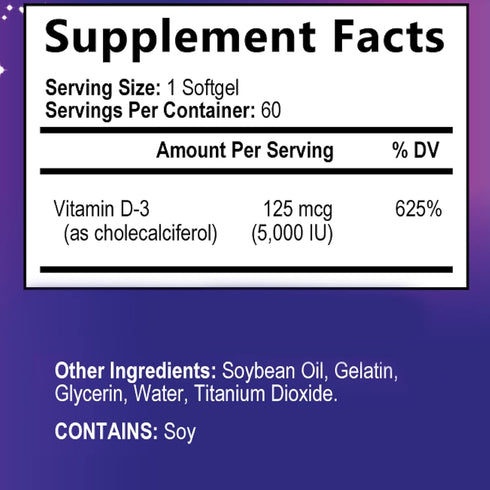 Vitamin D3 High Potency 5000 IU (125 mcg), Bone, Teeth, Muscle & Immune Health Support, Non-GMO, Gluten-Free, 2 Month Supply in Rapid-Release High...