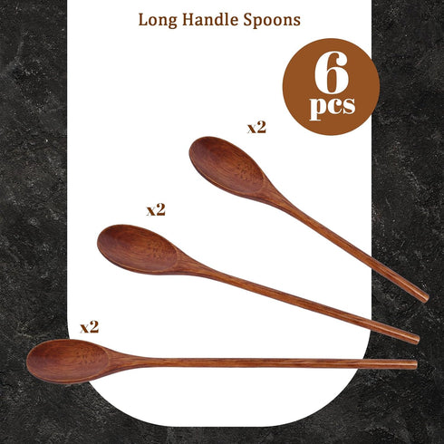 HANSGO 6PCS Long Handle Wooden Spoons, 10/12/14 Inch Wood Eating Spoons Japanese Style Cooking Utensil for Serving Mixing Stirring Dark Brown...