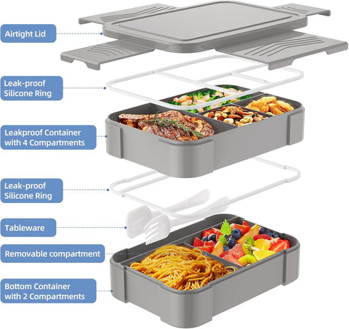 Bento Box Lunch Containers for Kids, Adult - Stackable Lunch Box with Utensil Set & 7 Compartments, 50oz/1500ml, 100% Leak-proof, BPA-free, Microw...