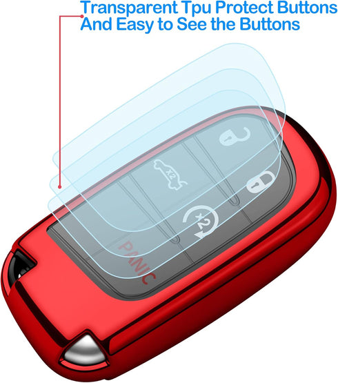 Compatible with Jeep Key Fob Cover with Leather Keychain Soft TPU Protection Key Case for Grand Cherokee Renegade Chrysler 200 300 Dodge RAM Duran...