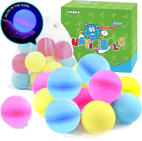 Reusable Water Balloons 12 Glow in The Dark Water Balls Latex-Free Silicone Water Splash Ball with Mesh Bag Quick-Fill Water Bomb for Kids Teens S...