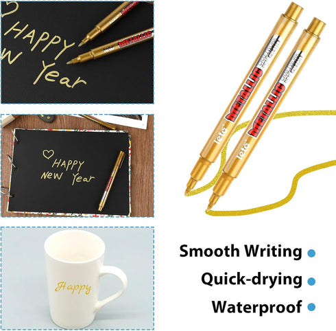 6 Pcs Upgrade Metallic Marker Pens, Gold Metallic Permanent Markers for Paper, Glass, Fabric, Rock Painting, Gift Card Making, Scrapbook Album, Ar...
