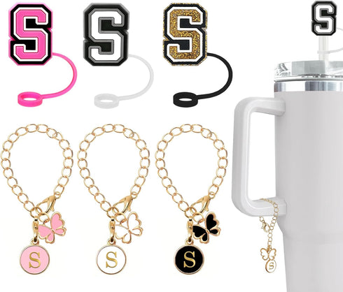 ?3 +3) Nuozme Straw Cover Compatible with Stanley Tumbler Cup 3PCS Letter Straw Caps Toppers with 3 Initial Butterfly Charms Name ID For Stanley 3...