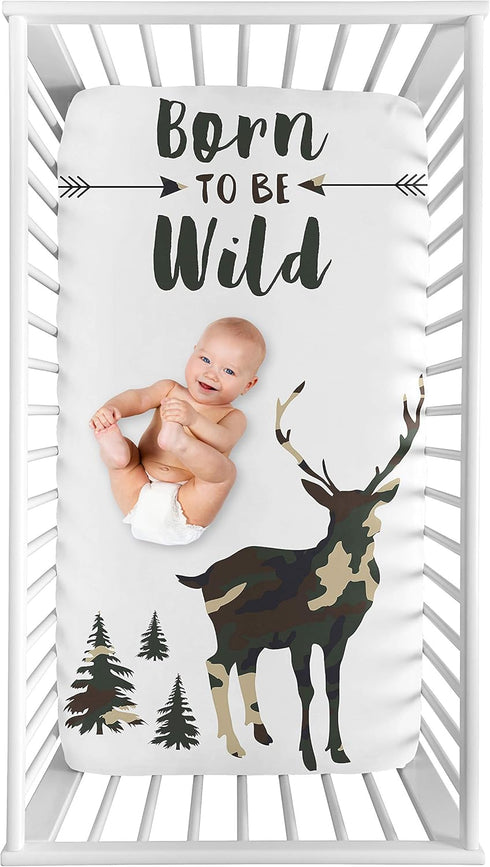 Sweet Jojo Designs Woodland Camo Deer Boy Fitted Crib Sheet Baby or Toddler Bed Nursery Photo Op - Beige, Green and Black Rustic Forest Animal Cam...