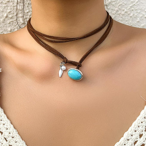 HTH Boho Choker Necklace for Women Layered Bohemian Turquoise Leather Choker Western Boho Necklace...