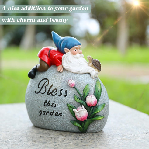 Garden Stones Statues Outdoor Decor, Novelty Gnome Garden Sculptures Stones Statue with Flower and Turtle Figurine Decoration for Patio Yard Porch...