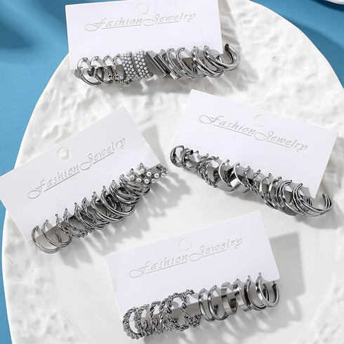 24 Pairs Black Silver Earring Set For Women, Chunky Earring Multipack Punk Trendy Big Small Stud Hoop Earring Lightweight Twisted Pearl Ear Pack F...