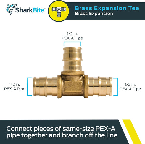 SharkBite 1/2 Inch Expansion Tee for PEX-A Pipe, Brass Plumbing Fittings for PEX-A Tubing, UAB362LFA...