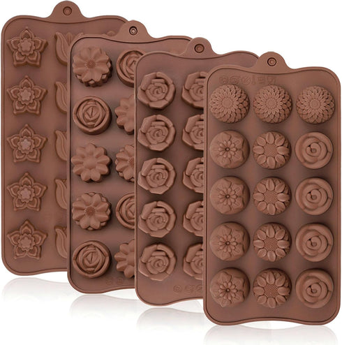 JOERSH 4PCS Silicone Chocolate Flower Molds for Candy, Fat Bombs Snacks, Truffles, 11 Floral Shapes 60 Cavities Candle Soap Wax Melts Mold (Rose, ...