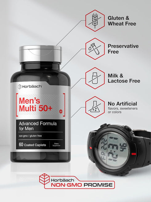 Horbaeach Men's Multivitamin 50 Plus | 60 Caplets | Non-GMO & Gluten Free Supplement...