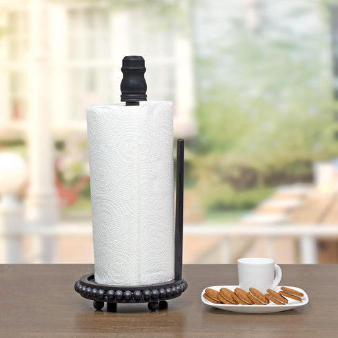 AuldHome Farmhouse Paper Towel Holder (Black); Wood Beaded Rustic Disposable Towel Dispenser for Countertop...