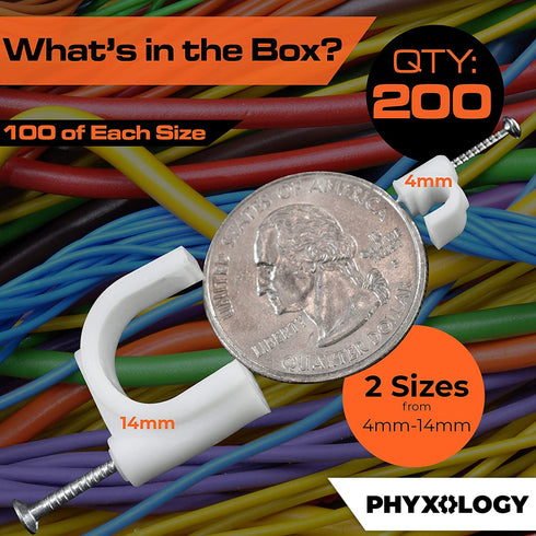PHYXOLOGY SUPPLY Pro-Grade, Cable Clips with Steel Nails 4mm, 14mm Wire Holders and Tacks 100 Per Size. Durable, UV Resistant Plastic Clips Help O...