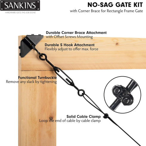 SANKINS Anti-Sag Gate Kits for Wooden Fence, Black Gate Support Cable Kit Hardware, Gate Sag Frame Kit Hardware for Wooden Fence, Wood Gate Door R...