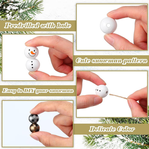 180 Pieces Christmas Snowman Wooden Bead Winter Wooden Bead Christmas Buffalo Plaid Wood Round Bead Christmas Print Wooden Beads with DIY Twine Sc...