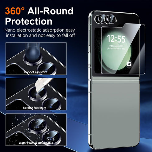 UniqueMe for Samsung Galaxy Z Flip 5 Screen Protector, 9H+ Front Tempered Glass 2pcs + Camera Lens Protector 1pcs HD Clear Anti-Scratch [Case Frie...