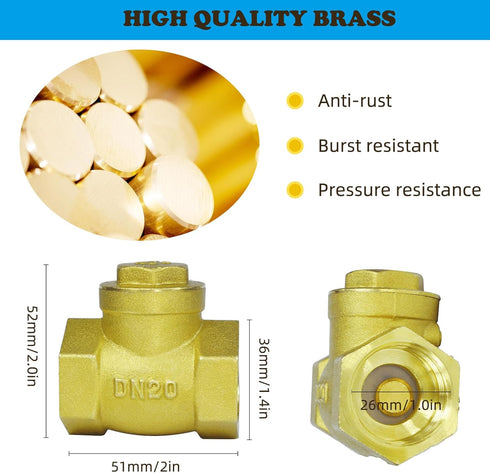 3/4" Swing Brass Check Valve DN20, 3/4 Female Thread Horizontal One Way Check Valve, Oil Water Fuel Gas Air Check Valve to Prevent Water Backflow ...