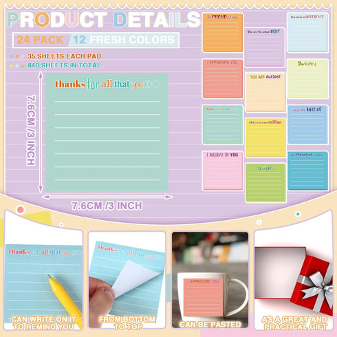 Yinder 24 Pcs Inspirational Sticky Notes with Lines Cute Motivational Sticky Note Pad Appreciation Sticky Notes Gifts for Coworkers Nurse Office S...